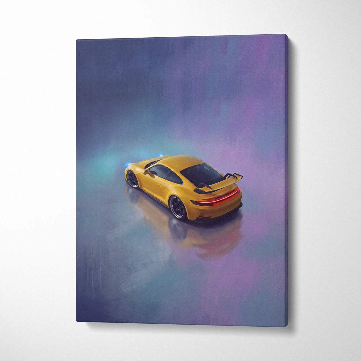 A vibrant yellow Porsche 911 GT3 inspired canvas painting print with glowing lights and misty track atmosphere