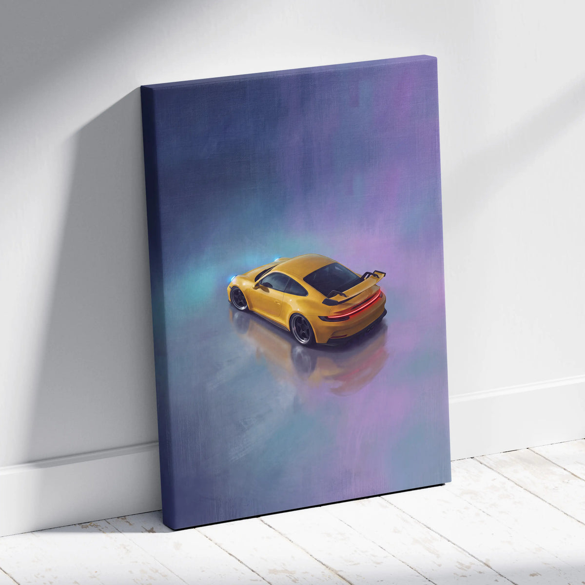 Vibrant yellow porsche 911 gt3 inspired sports car canvas painting print in a stylized atmospheric track edition design