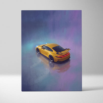Porsche 911 GT3 inspired yellow sports car canvas painting print with neon accents in misty purple-blue setting