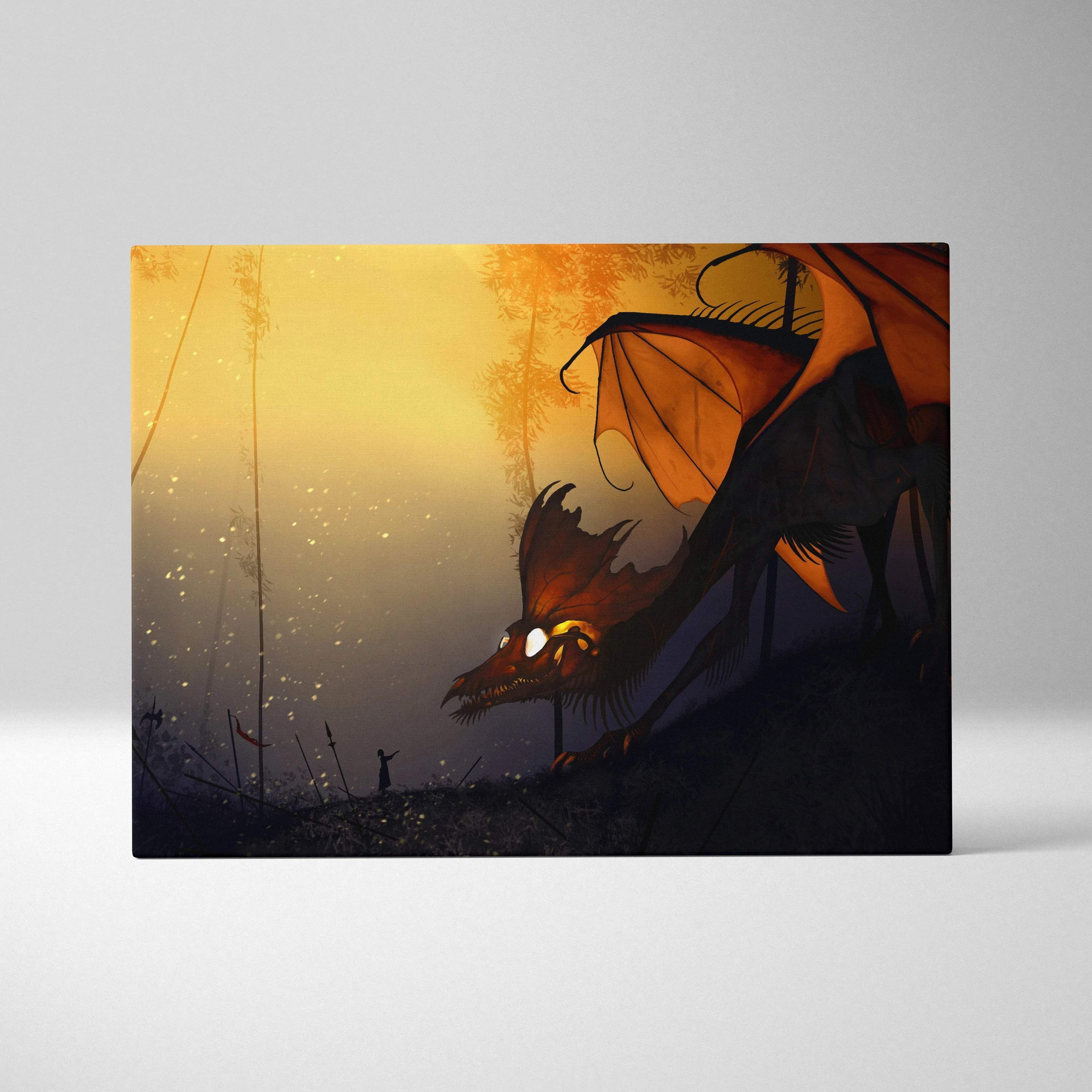 Dark fantasy orange black dragon in sunset forest canvas wall art