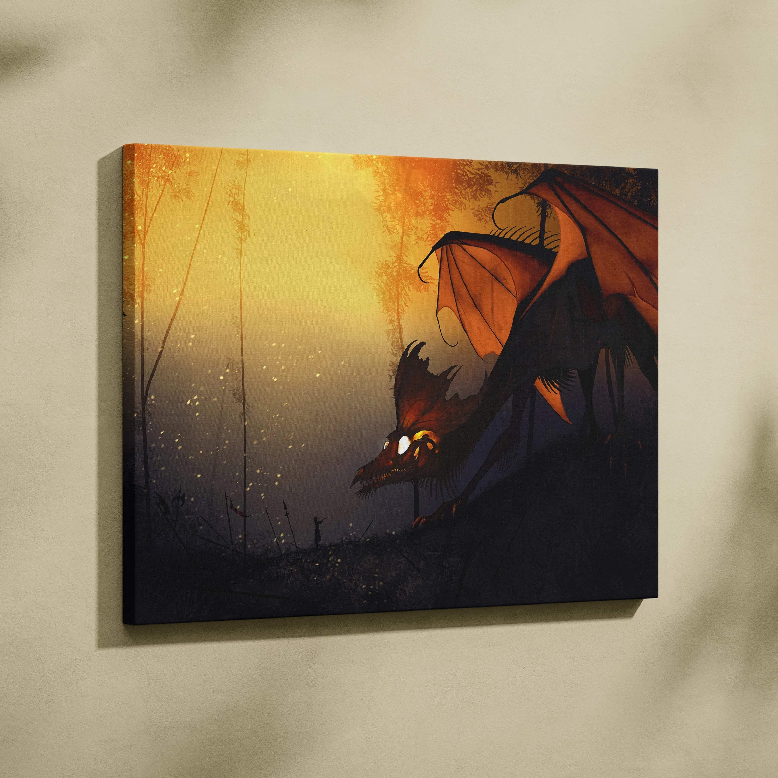 Dark fantasy dragon in sunset forest canvas wall art, fiery orange eyes