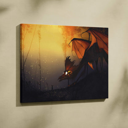 Dark fantasy dragon in sunset forest canvas wall art, fiery orange eyes