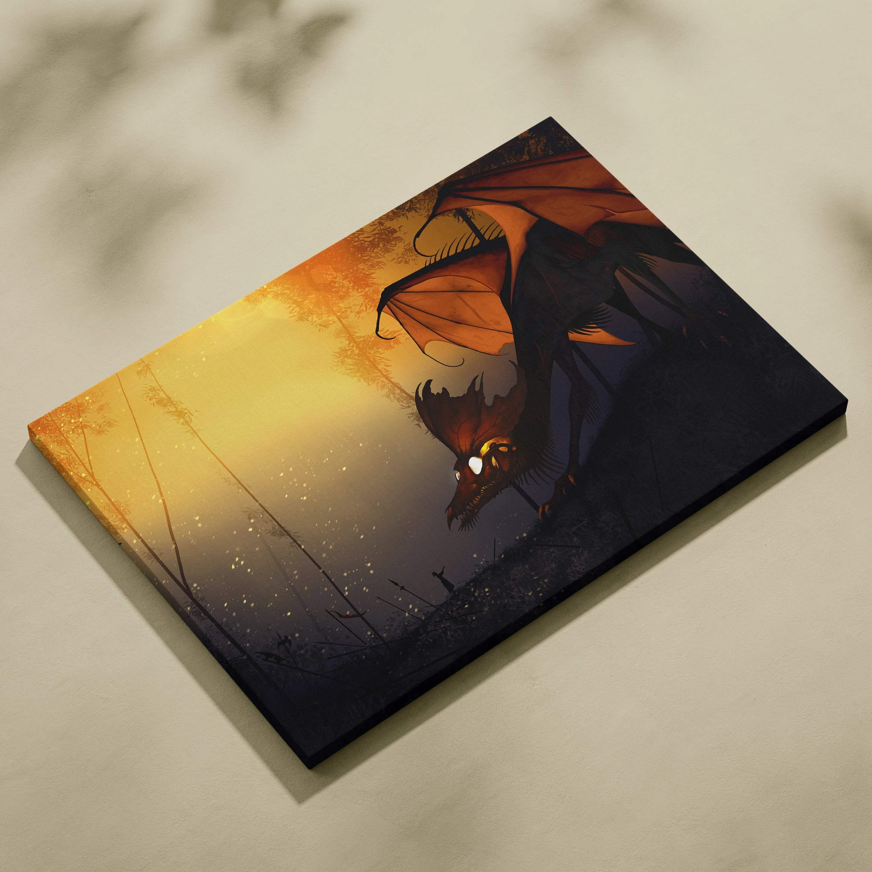 Dark fantasy dragon with fiery orange eyes in sunset forest canvas art