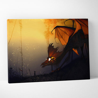 Dark fantasy orange black dragon in sunset forest canvas wall art