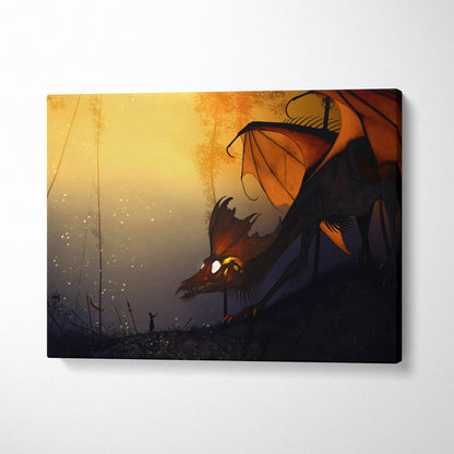 Dark fantasy dragon in sunset forest fiery orange canvas wall art