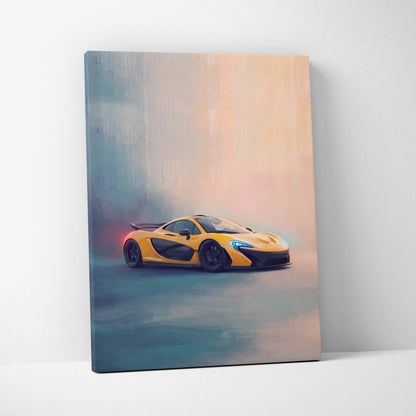 Vibrant yellow mclaren p1 inspired luxury supercar canvas print with sleek black accents and glowing blue headlights