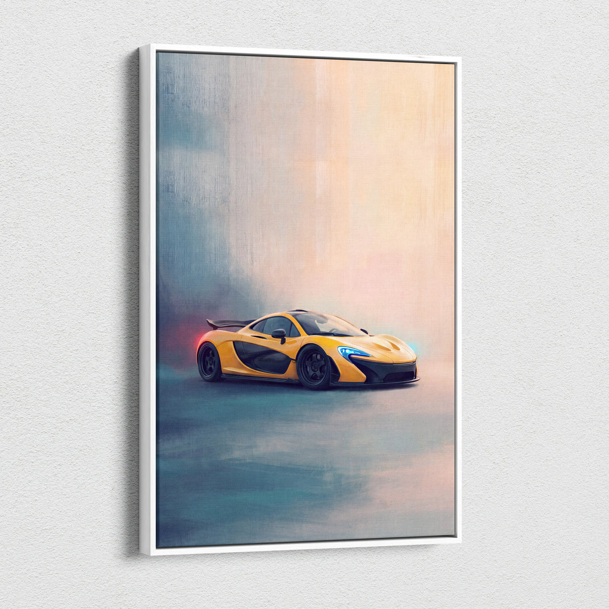Yellow and black mclaren p1 inspired luxury supercar canvas print displayed in a white frame for automotive wall art