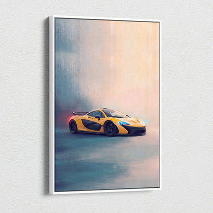 Yellow and black mclaren p1 inspired luxury supercar canvas print displayed in a white frame for automotive wall art