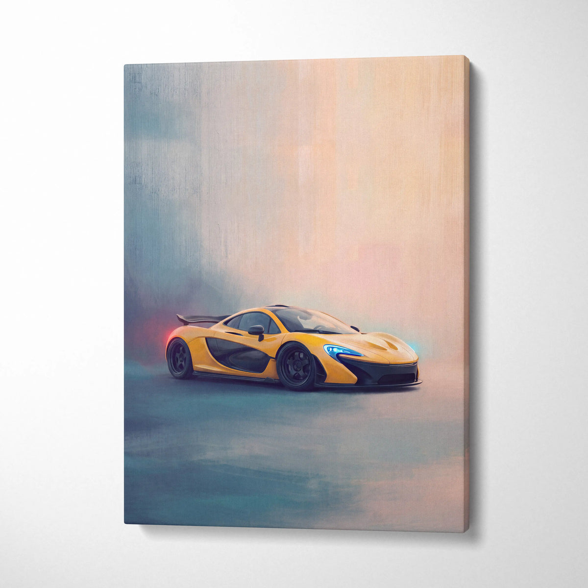 Vibrant yellow and black McLaren P1 inspired luxury supercar canvas print with dynamic smoky artistic rendering