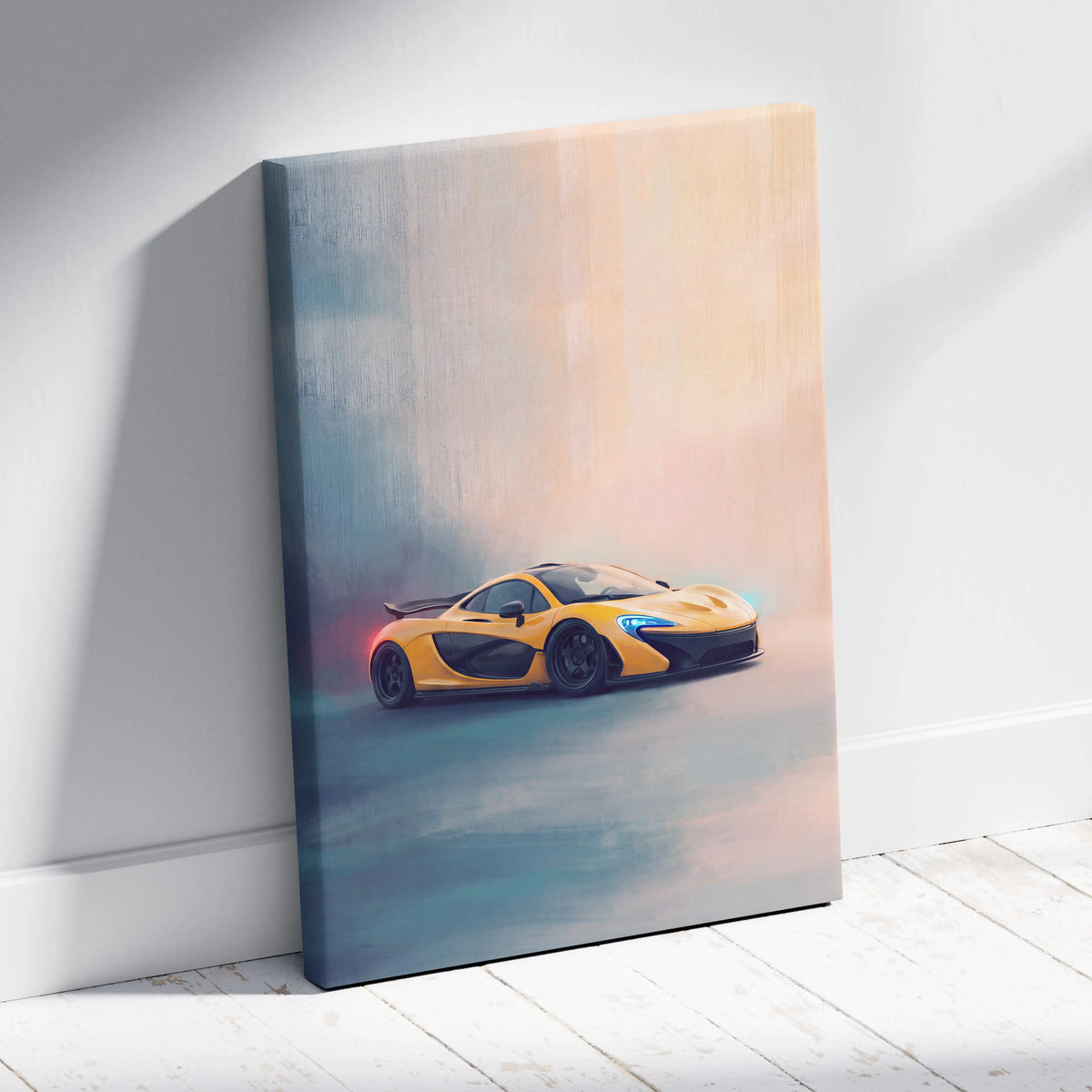 Yellow and black mclaren p1 inspired sports car printed on luxury canvas wall art for automotive decor