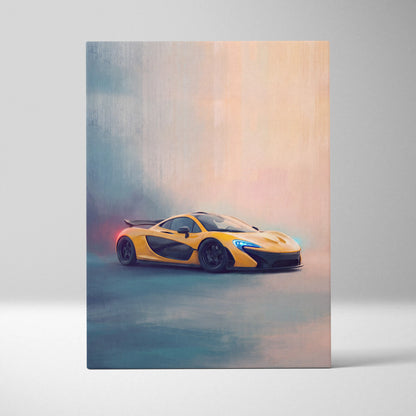 McLaren P1 inspired automotive wall art featuring vibrant yellow sports car with black accents and glowing blue headlights