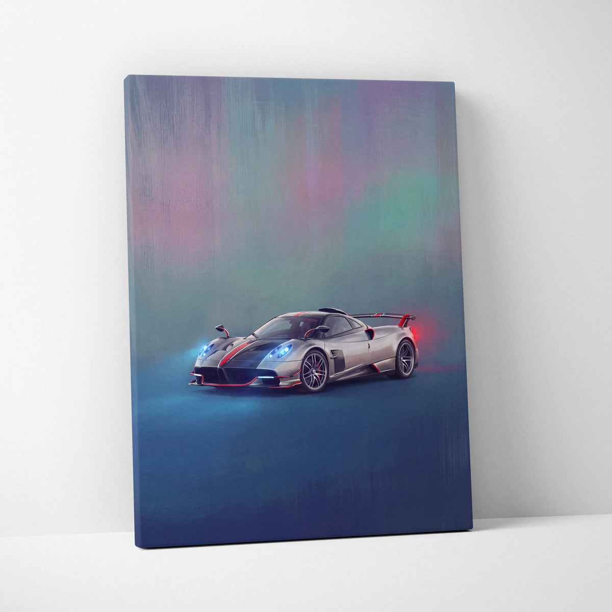 Silver pagani huayra bc inspired sports car canvas art print with red and black accents for custom wall decor