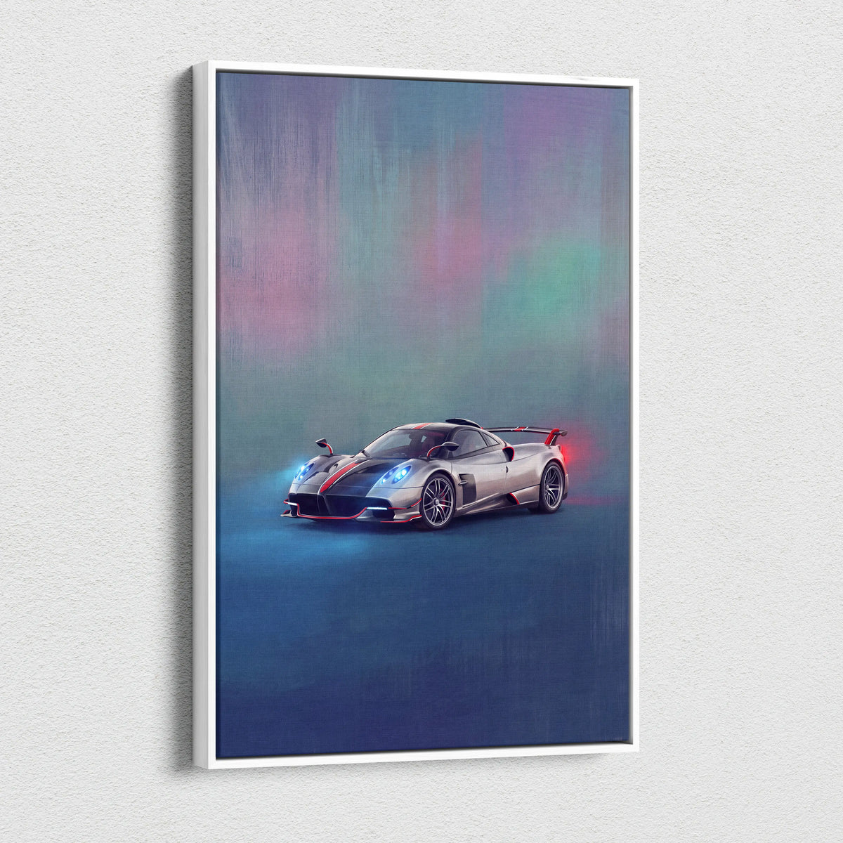 Framed canvas wall art print featuring a silver Pagani Huayra BC supercar with red and black racing stripes