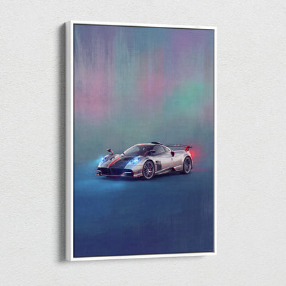 Framed canvas wall art print featuring a silver Pagani Huayra BC supercar with red and black racing stripes