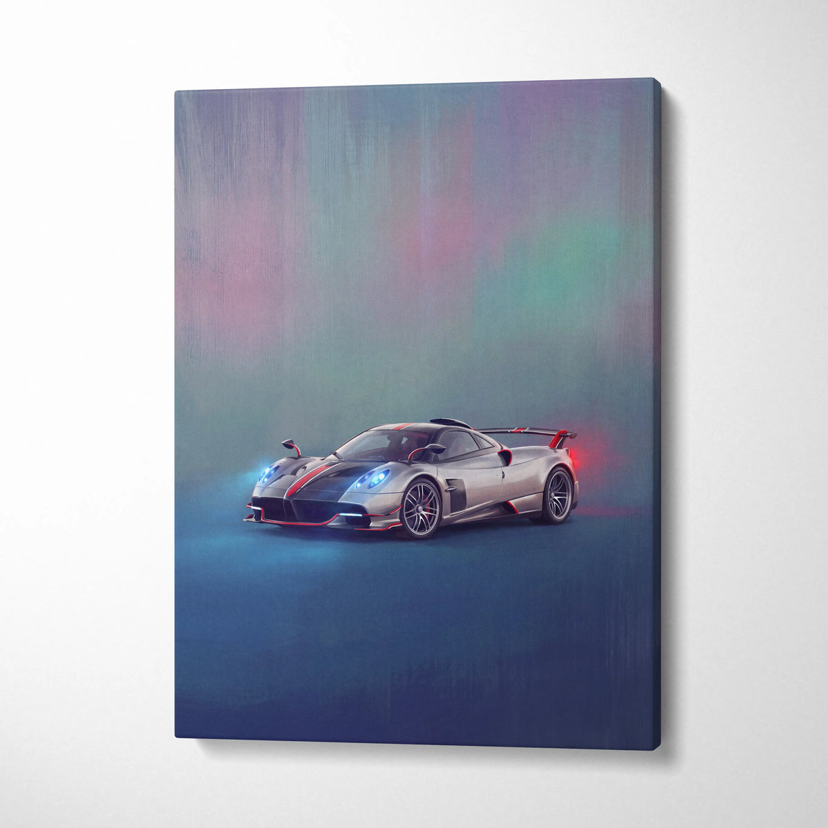 Silver and black pagani huayra bc sports car with red accents on stylized canvas print custom car wall art