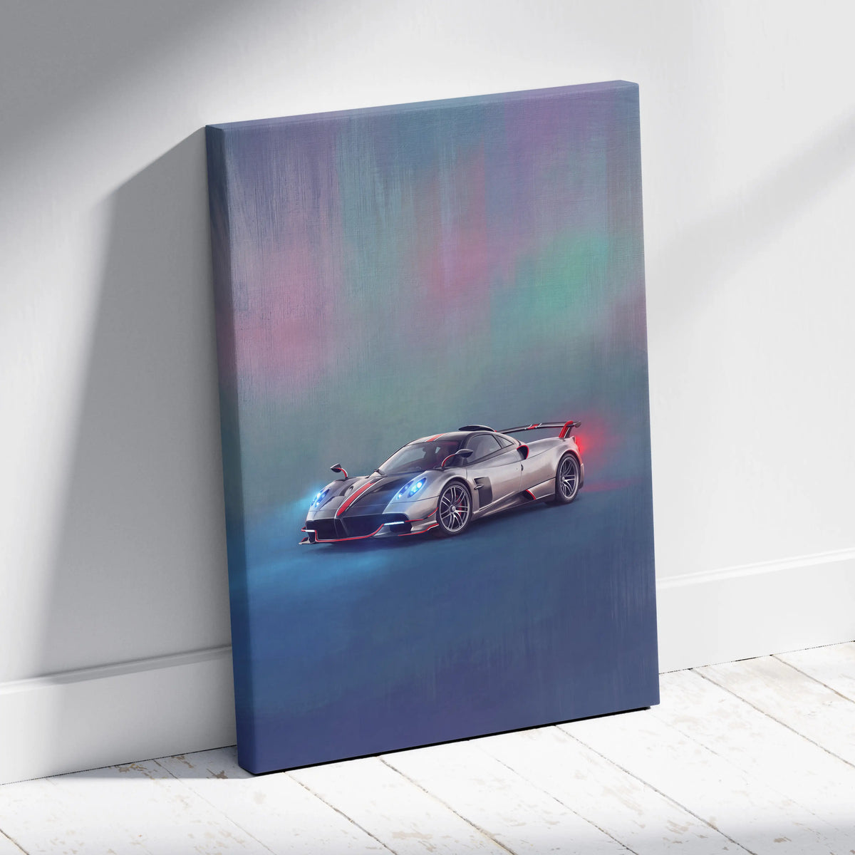 Silver pagani huayra bc inspired supercar canvas art with red and black accents custom car wall art print