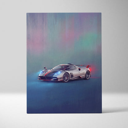 Silver pagani huayra bc hypercar with red and black accents in stylized digital artwork on custom car wall art print