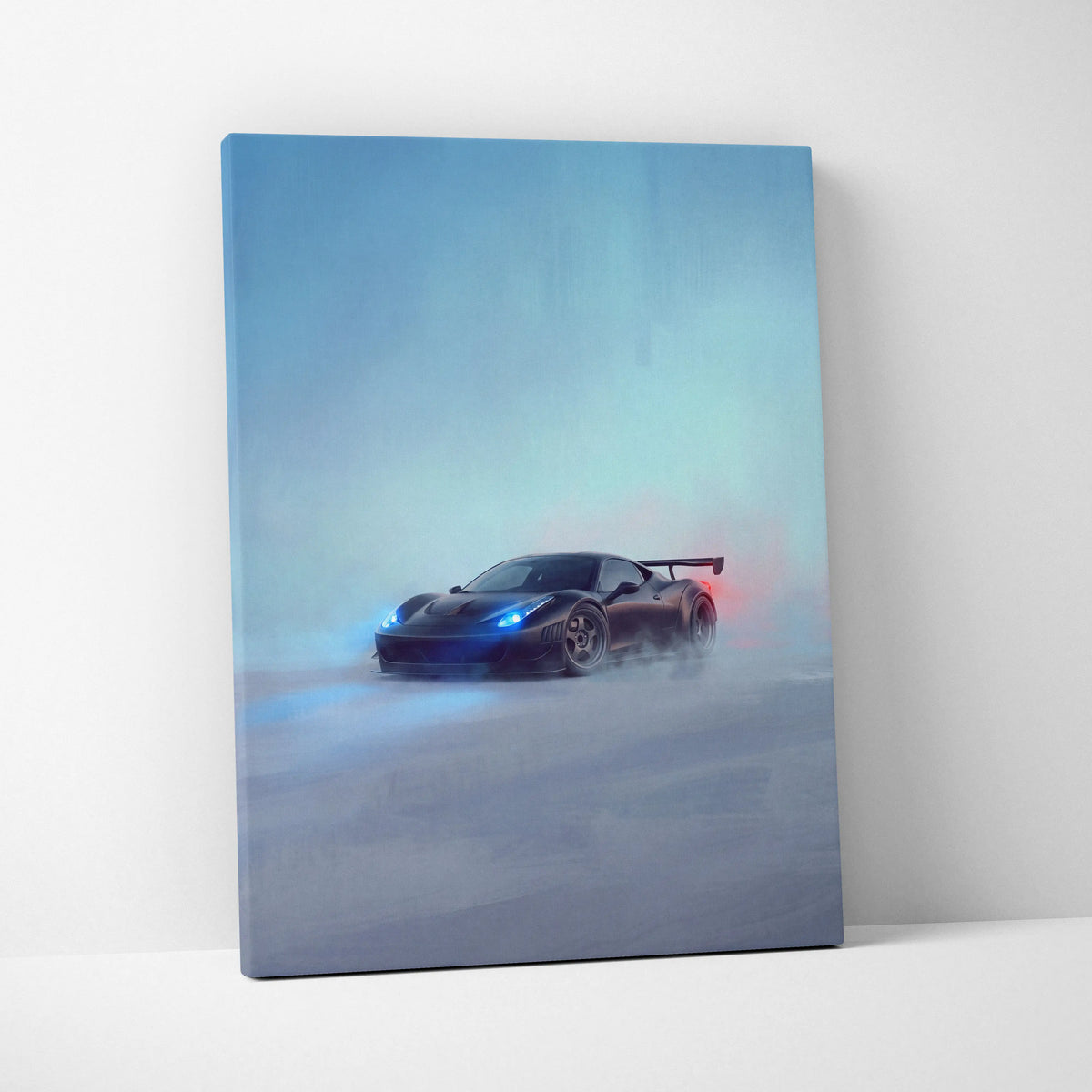 Ferrari 458 italia inspired canvas art with sleek black sports car and glowing blue headlights in misty scene