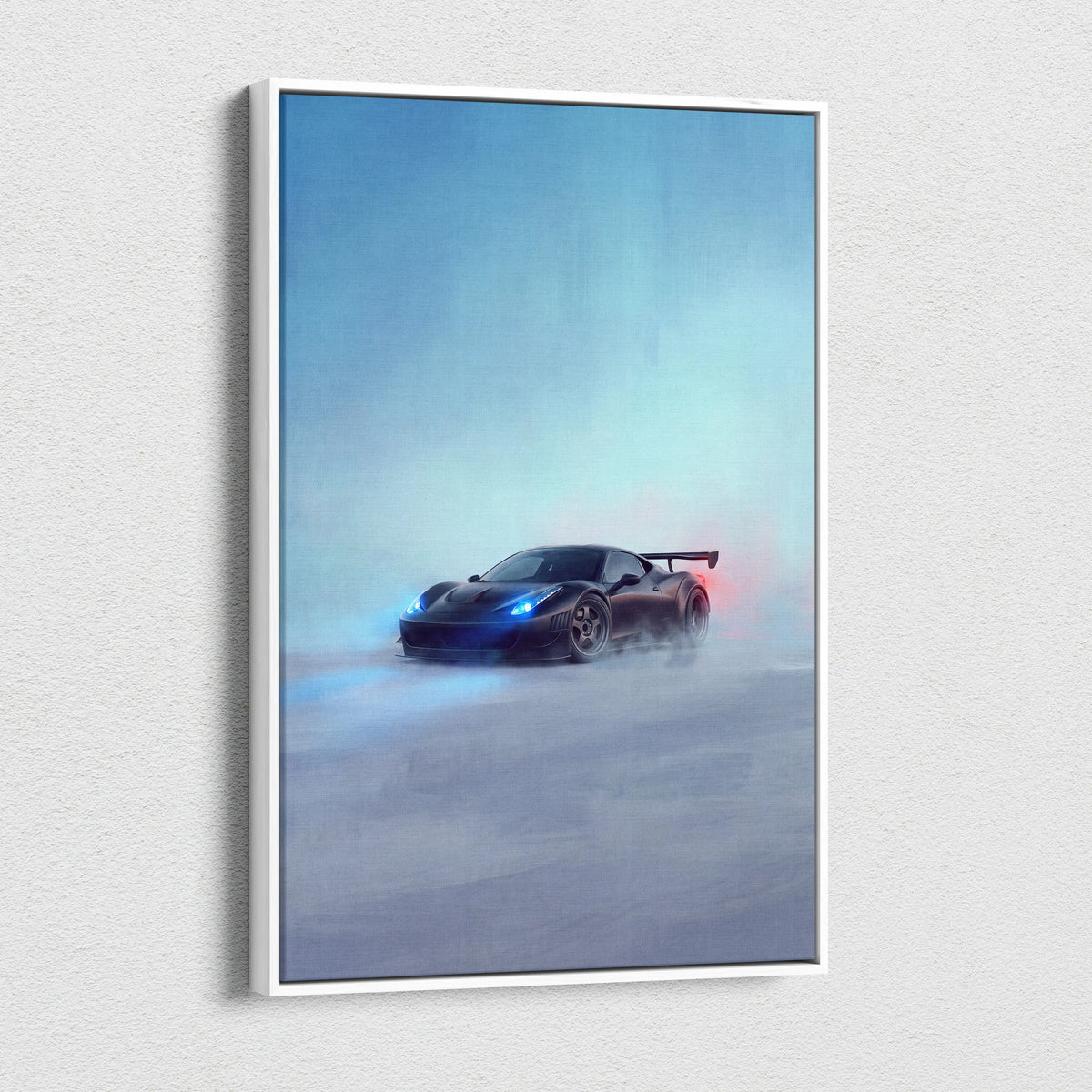 Ferrari 458 italia inspired canvas art featuring a black sports car with glowing blue headlights and red taillights in a white frame