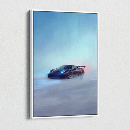 Ferrari 458 italia inspired canvas art featuring a black sports car with glowing blue headlights and red taillights in a white frame