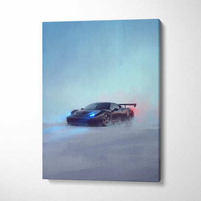 Ferrari 458 italia inspired premium canvas art featuring a black sports car with glowing blue headlights and red taillights