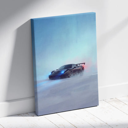 Blue and black sports car canvas print featuring ferrari 458 italia drifting with glowing headlights in mist