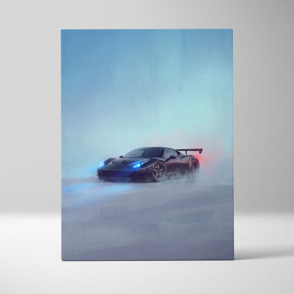 Ferrari 458 italia inspired canvas art featuring a black sports car with blue headlights and red taillights drifting