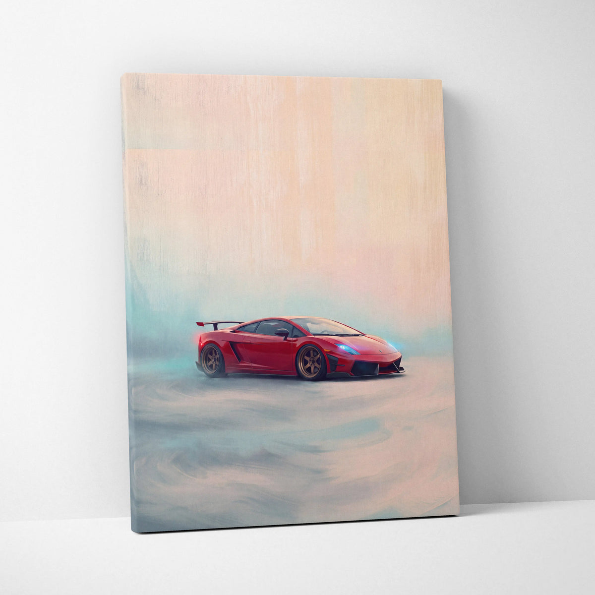 Red Lamborghini Gallardo inspired sports car canvas print with sleek design on pastel gradient background wall art