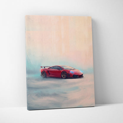 Red Lamborghini Gallardo inspired sports car canvas print with sleek design on pastel gradient background wall art