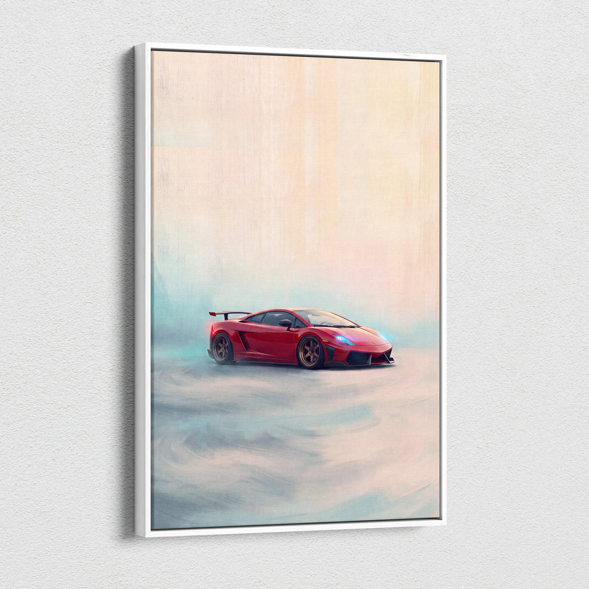 Red lamborghini gallardo inspired sports car wall art with stylized painterly illustration in white frame canvas print