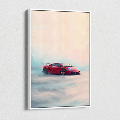 Red lamborghini gallardo inspired sports car wall art with stylized painterly illustration in white frame canvas print