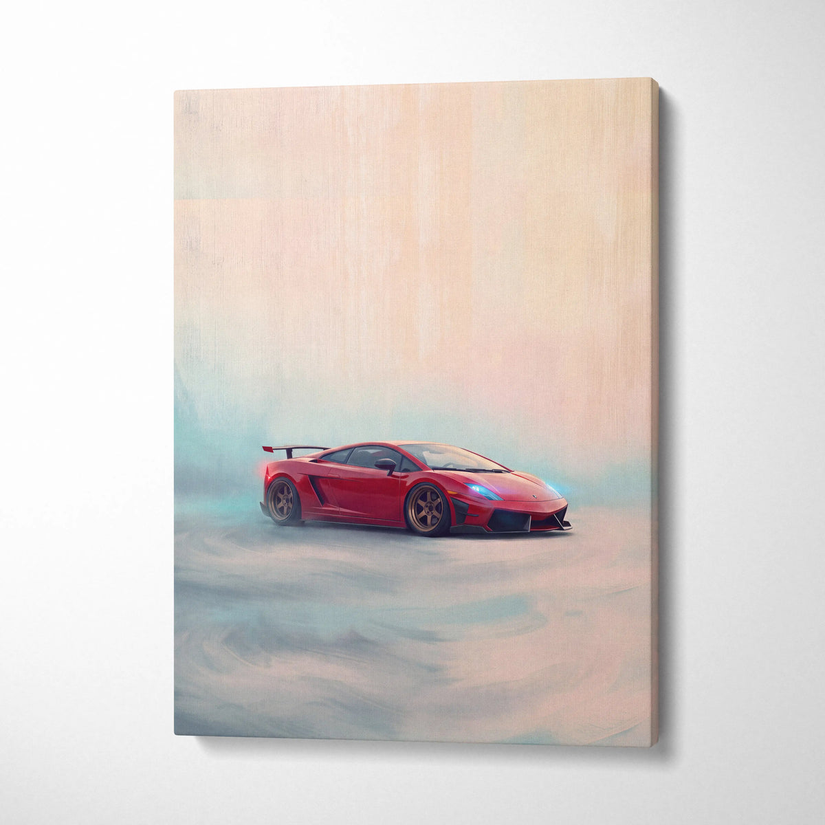 Red lamborghini gallardo sports car in stylized painterly artwork on canvas for car wall art track edition print