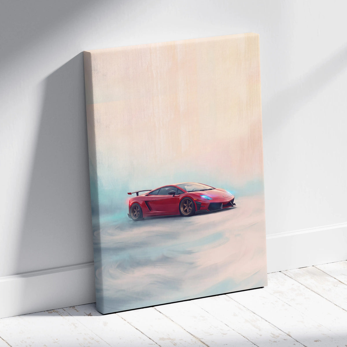 Red lamborghini gallardo sports car stylized painterly canvas print track edition car wall art for decor