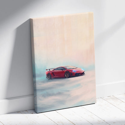 Red lamborghini gallardo sports car stylized painterly canvas print track edition car wall art for decor