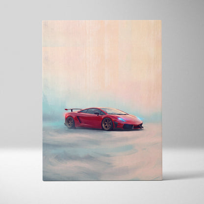Red Lamborghini Gallardo inspired sports car wall art featuring stylized painterly design on canvas print