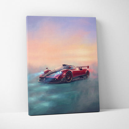 Red and black pagani zonda r inspired luxury supercar canvas print with glowing headlights at sunset sky