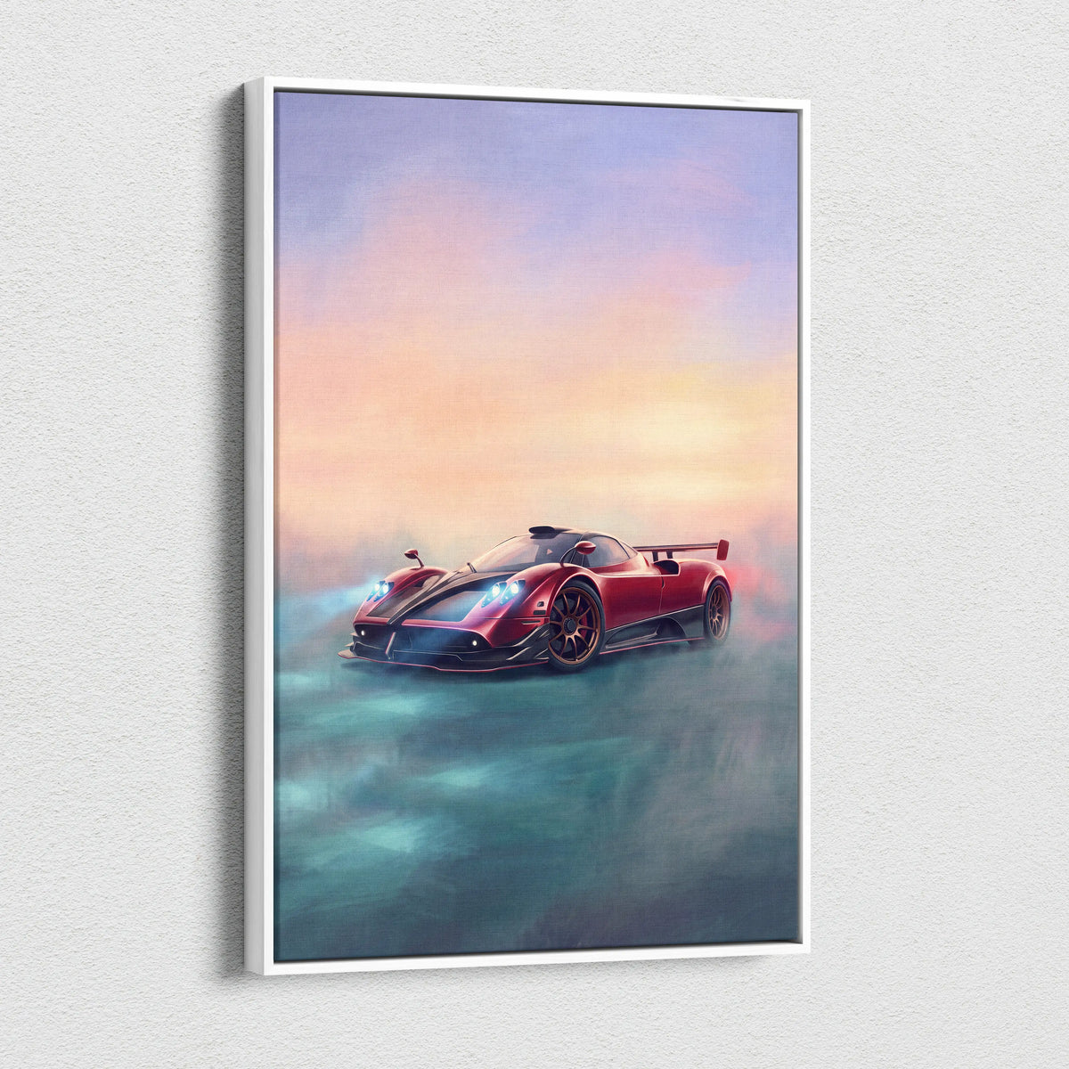 Red and black pagani huayra bc sports car artwork in white frame luxury supercar canvas print wall art