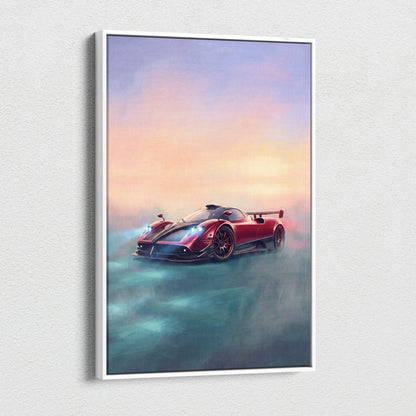 Red and black pagani huayra bc sports car artwork in white frame luxury supercar canvas print wall art