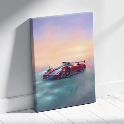 Red and black Pagani Huayra luxury supercar canvas print featuring a sleek sports car against a dreamy sunset sky