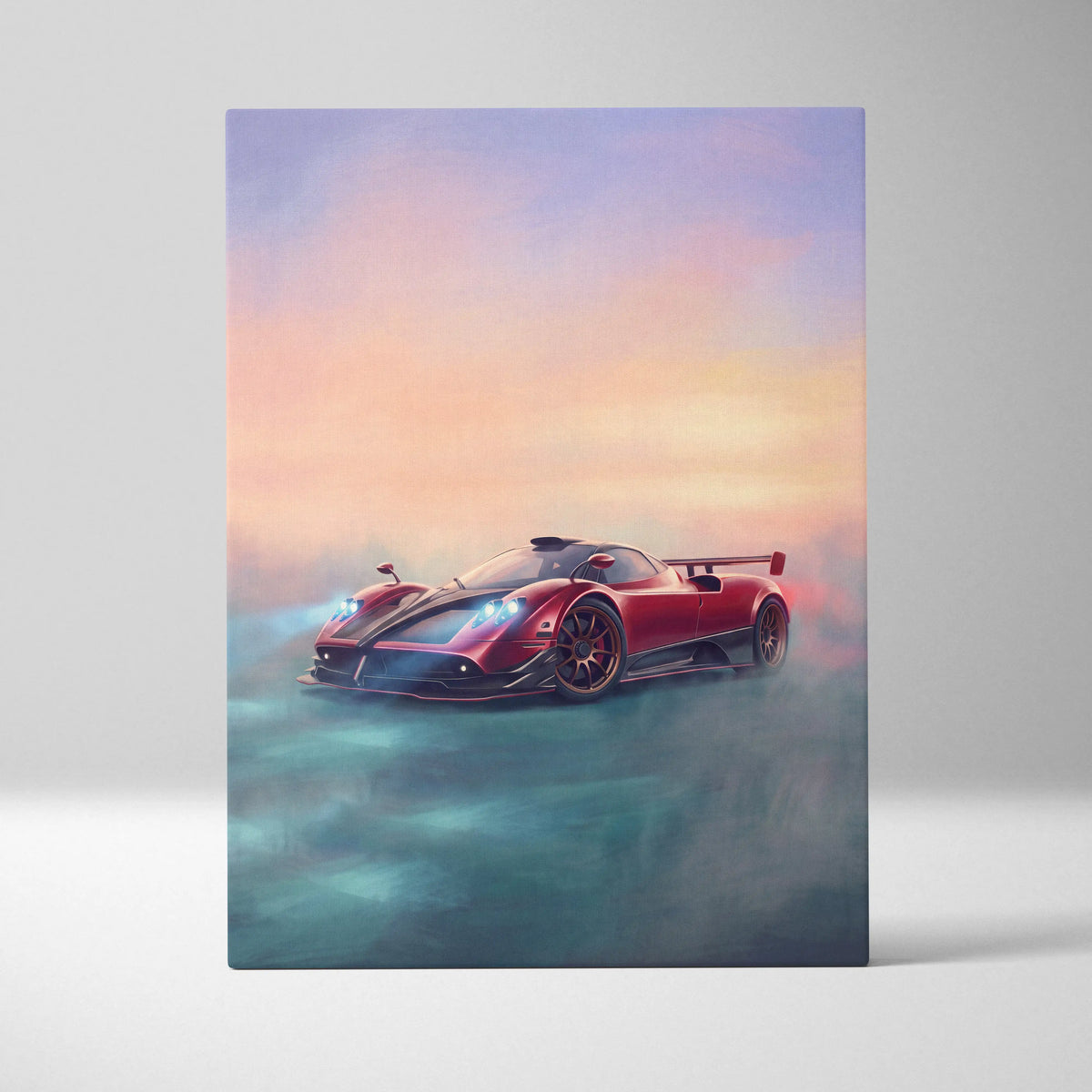 Red and black Pagani Zonda R inspired luxury supercar illustration on canvas automotive wall art print