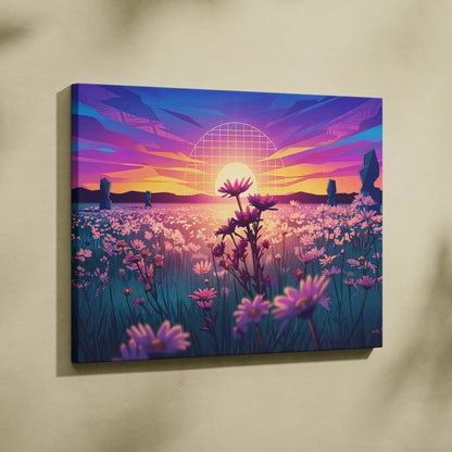 Neon Sunset Vaporwave Canvas - Vaporwave Landscape Neon Pink Purple Living Room Art Dreamy Mood Retro Aesthetic Canvas