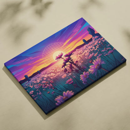 Neon Sunset Vaporwave Canvas - Vaporwave Landscape Neon Pink Purple Living Room Art Dreamy Mood Retro Aesthetic Canvas