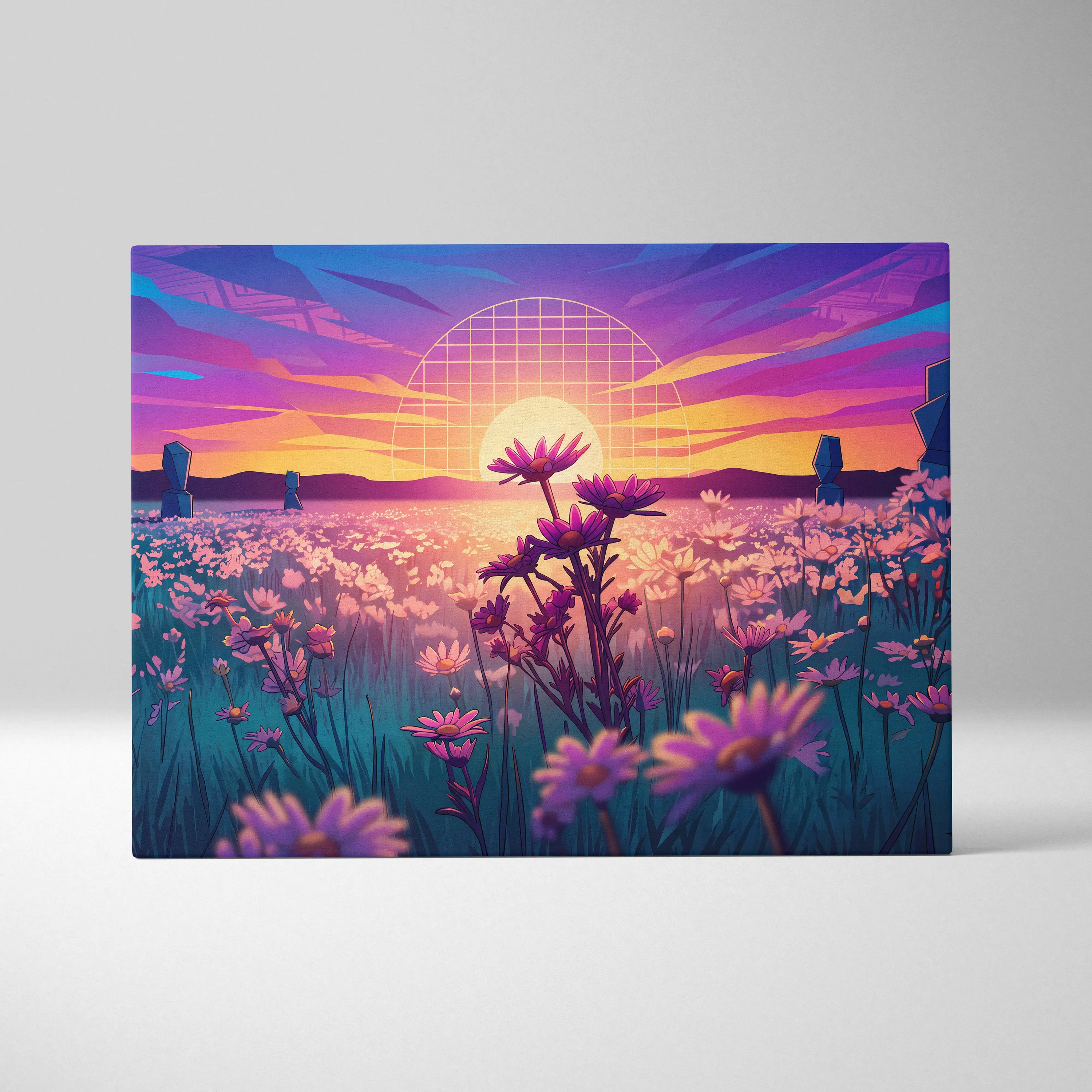 Neon Sunset Vaporwave Canvas - Vaporwave Landscape Neon Pink Purple Living Room Art Dreamy Mood Retro Aesthetic Canvas