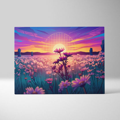 Neon Sunset Vaporwave Canvas - Vaporwave Landscape Neon Pink Purple Living Room Art Dreamy Mood Retro Aesthetic Canvas