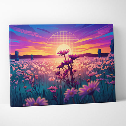 Neon Sunset Vaporwave Canvas - Vaporwave Landscape Neon Pink Purple Living Room Art Dreamy Mood Retro Aesthetic Canvas