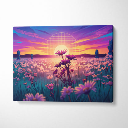 Neon Sunset Vaporwave Canvas - Vaporwave Landscape Neon Pink Purple Living Room Art Dreamy Mood Retro Aesthetic Canvas