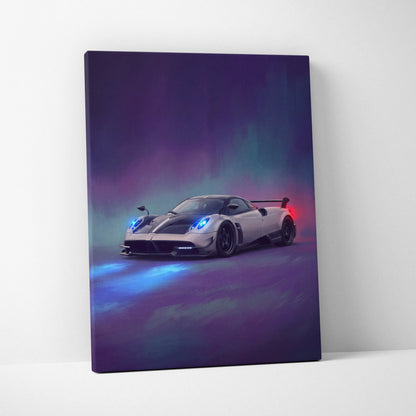 A sleek white pagani huayra bc sports car with blue headlights on a neon purple teal canvas luxury supercar wall art