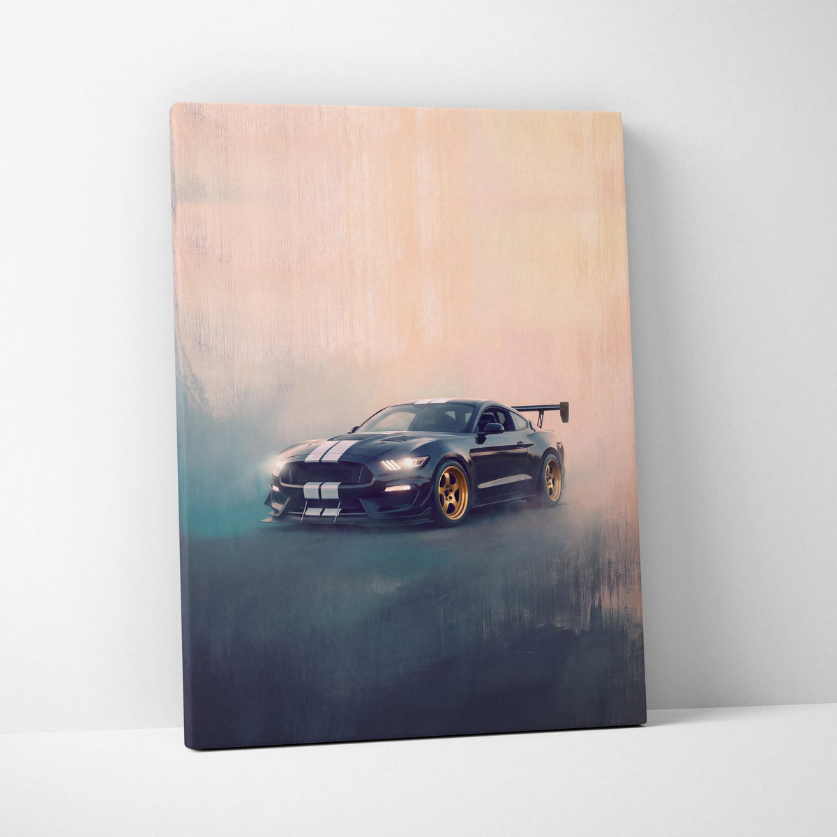 Black ford mustang shelby gt500 inspired canvas print with white racing stripes and gold rims for garage wall art