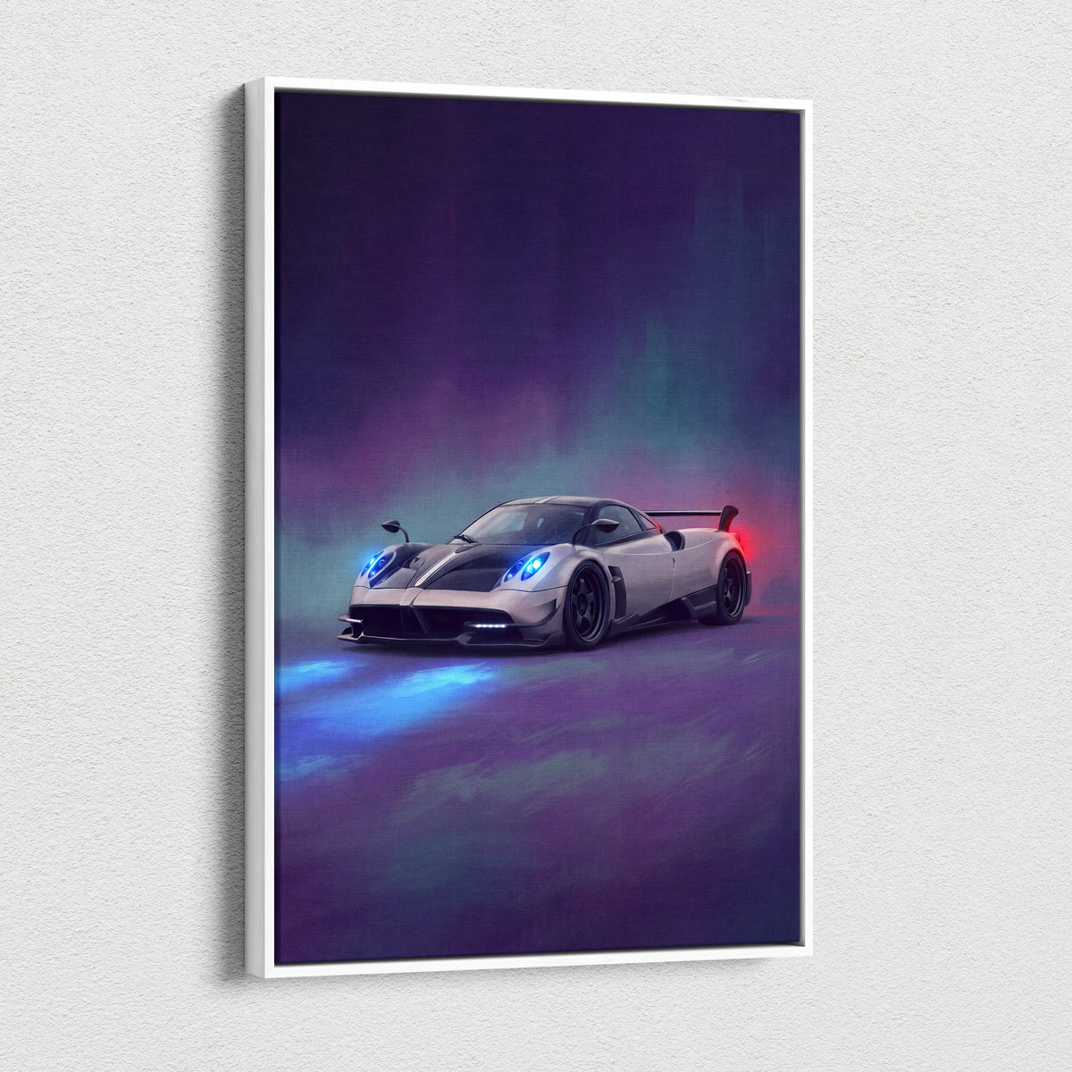 Pagani Huayra BC inspired automotive wall art featuring a sleek silver and black sports car with blue headlights in neon light