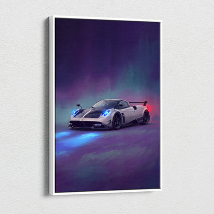 Pagani Huayra BC inspired automotive wall art featuring a sleek silver and black sports car with blue headlights in neon light